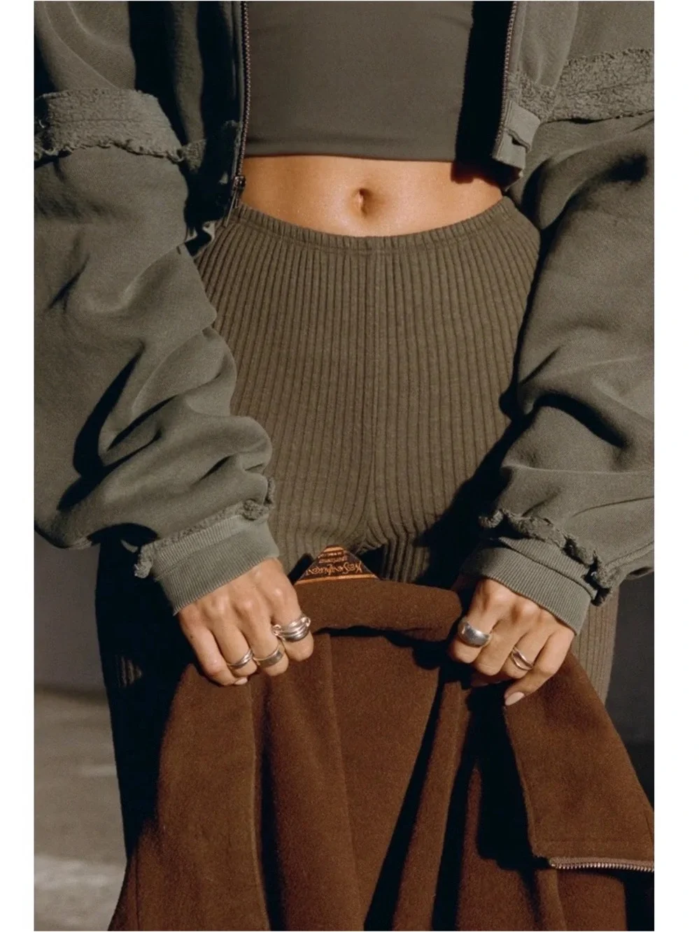 Joah Brown Fitted Mini Ribbed Mid-Rise Flare Pant in Army Luxe Knit